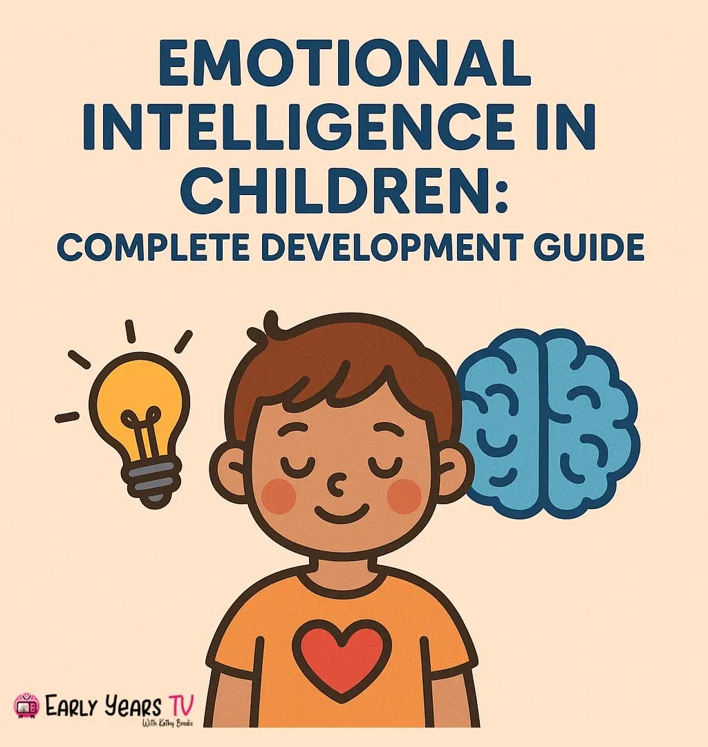 Smiling child with a heart shirt between a brain and lightbulb, representing emotional intelligence in children