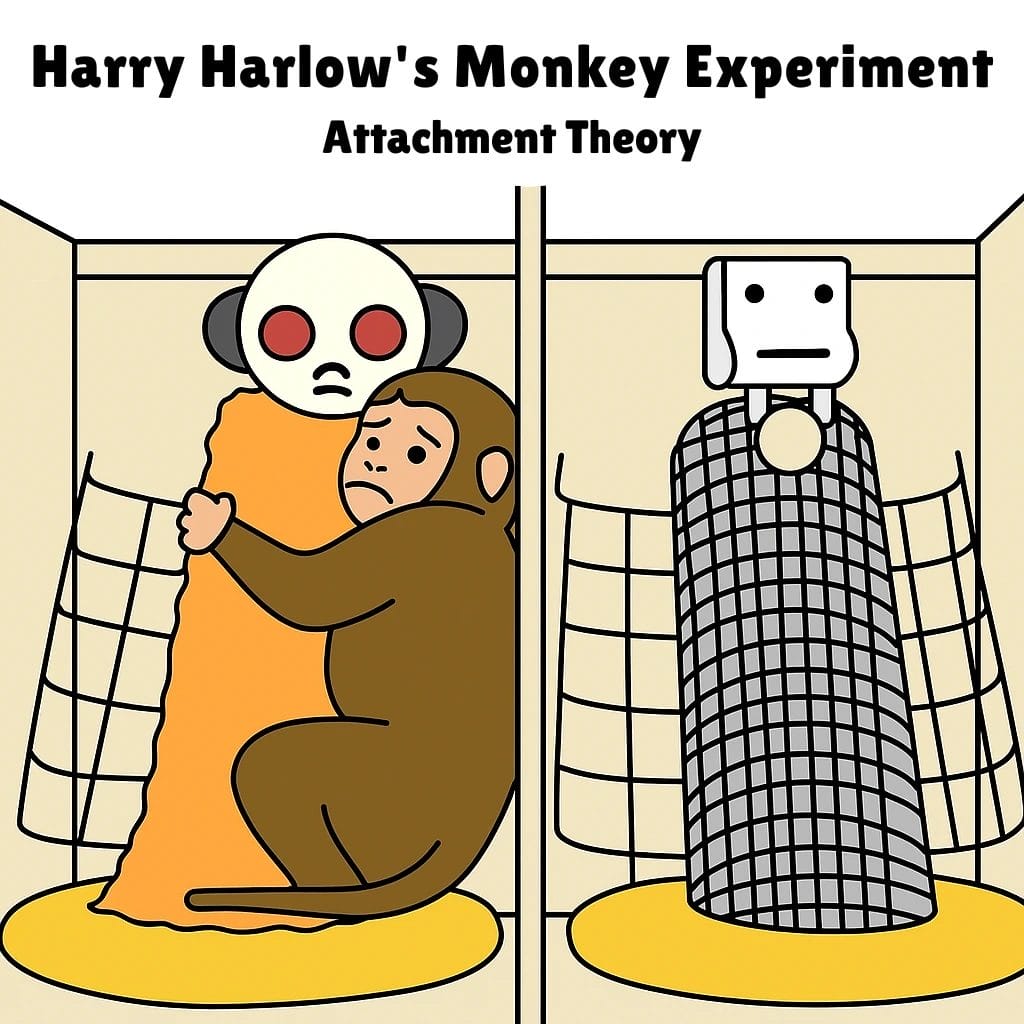 Harlow Psychology experiment showing infant monkey's preference for comfort over nourishment in surrogate mother study.