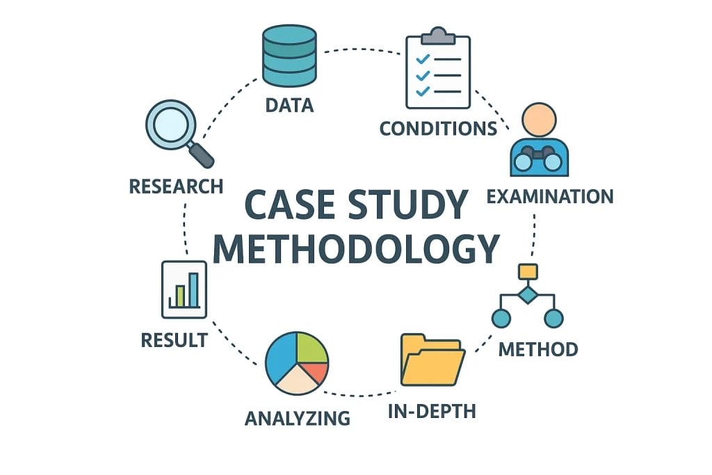Case study methodology explained through key steps in research, analysis, and results.