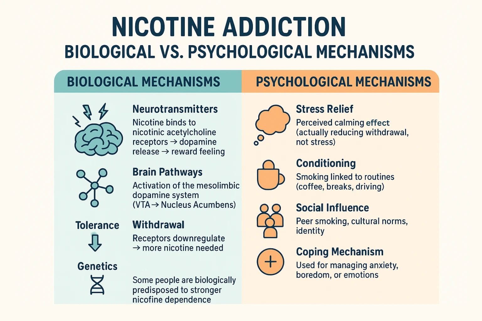 Biological and psychological mechanisms of nicotine addiction explained for health and psychology insights