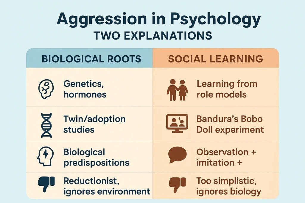 Aggression explained through biological roots and social learning in psychology