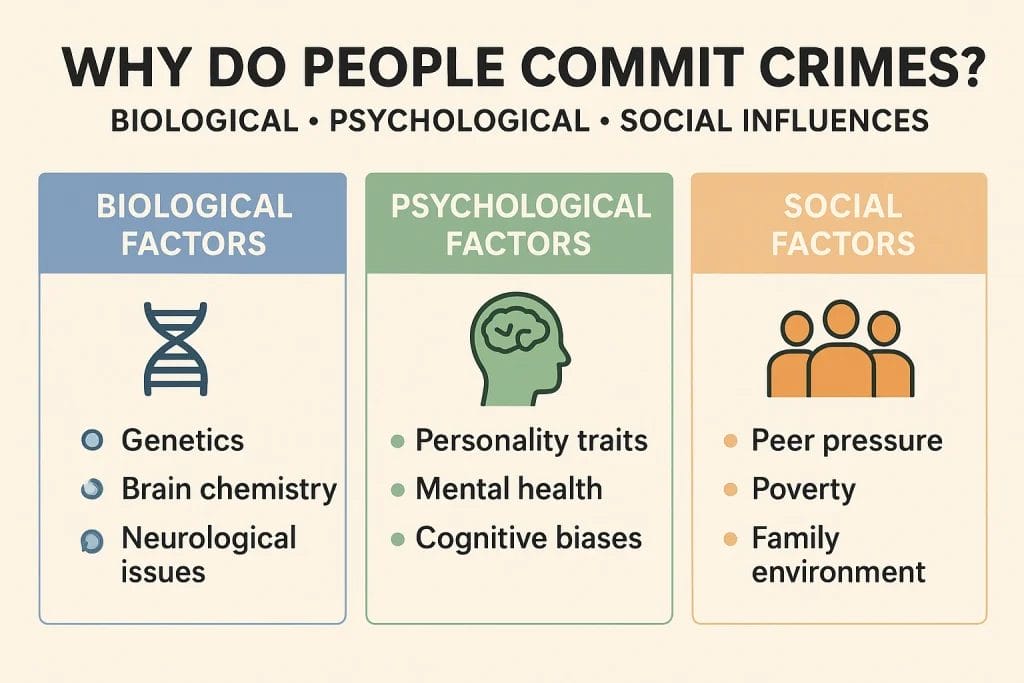 Why people commit crimes explained through biological, psychological, and social factors