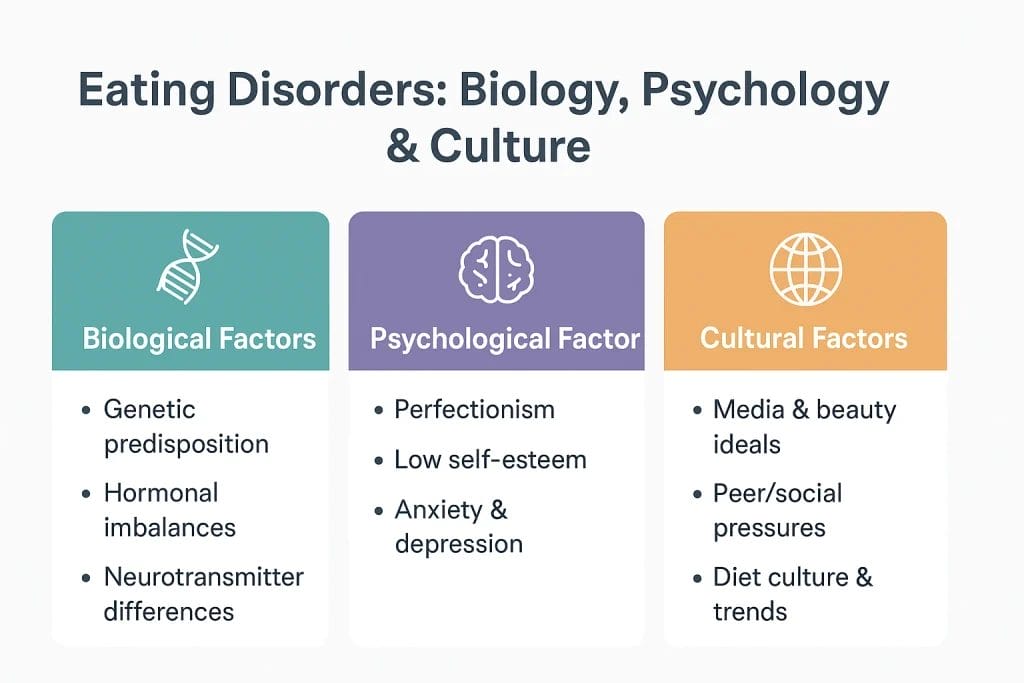 Eating disorders explored through biology, psychology, and cultural influences on behavior and health.