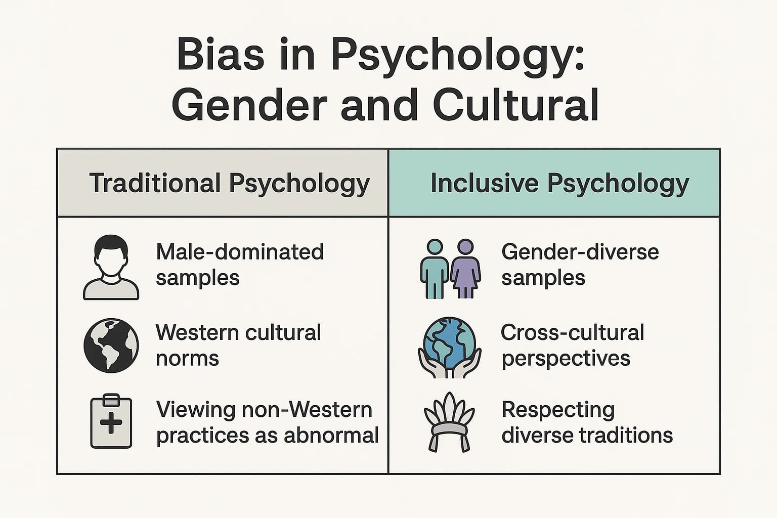 Contrasting traditional psychological bias with inclusive approaches to gender and cultural diversity.