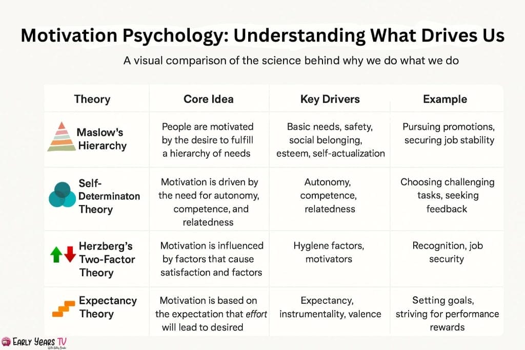Key motivation psychology theories compared with core ideas, drivers, and examples.