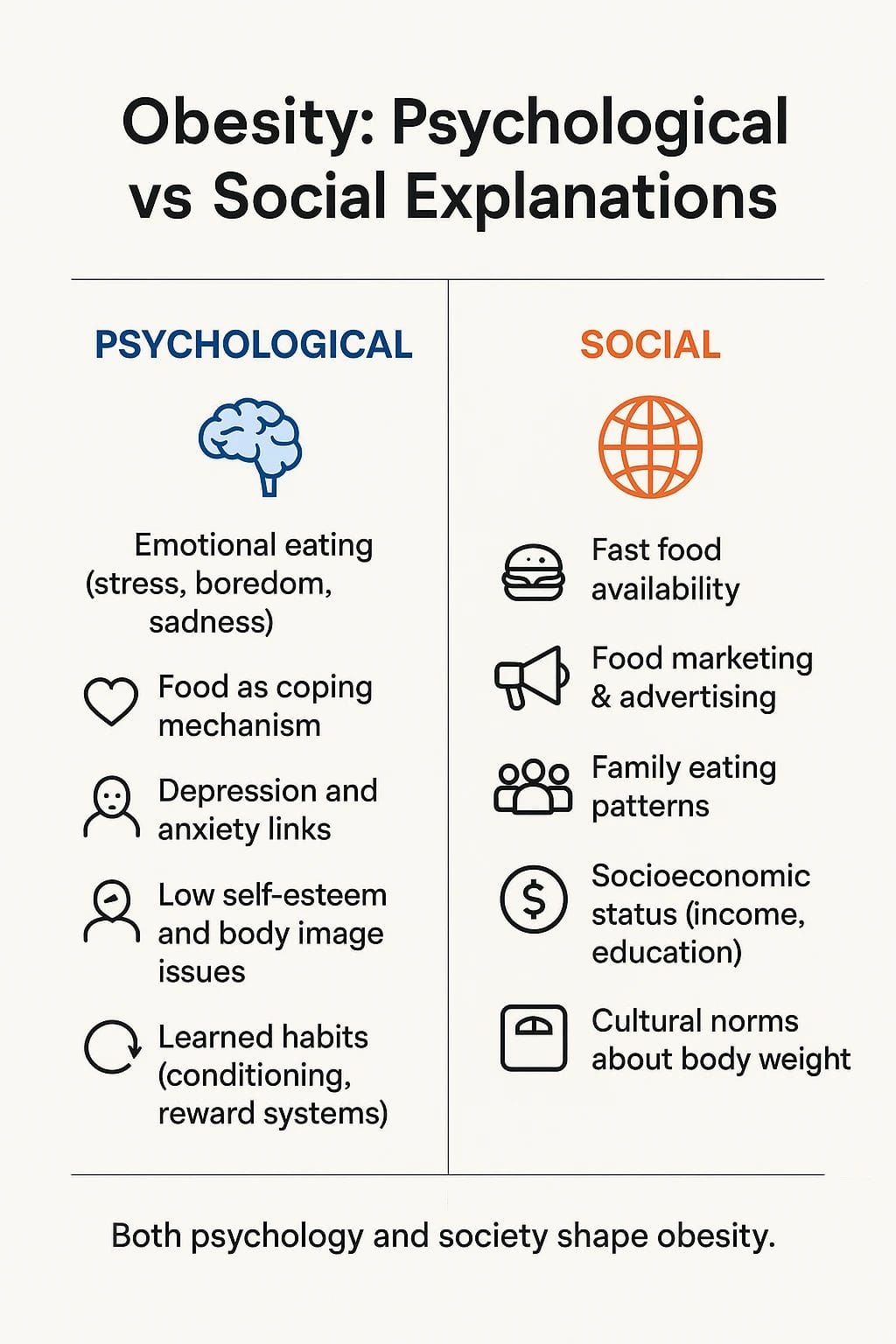 Psychological and social explanations of obesity including mental health, habits, culture, and environment.