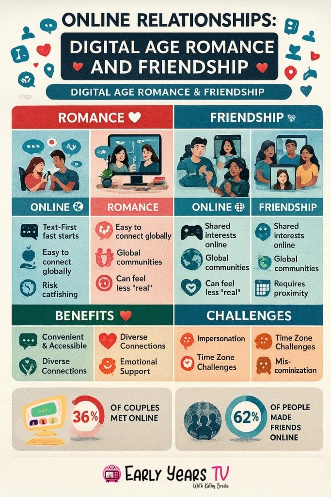 Exploring how digital age romance and friendship shape modern online and offline relationships.