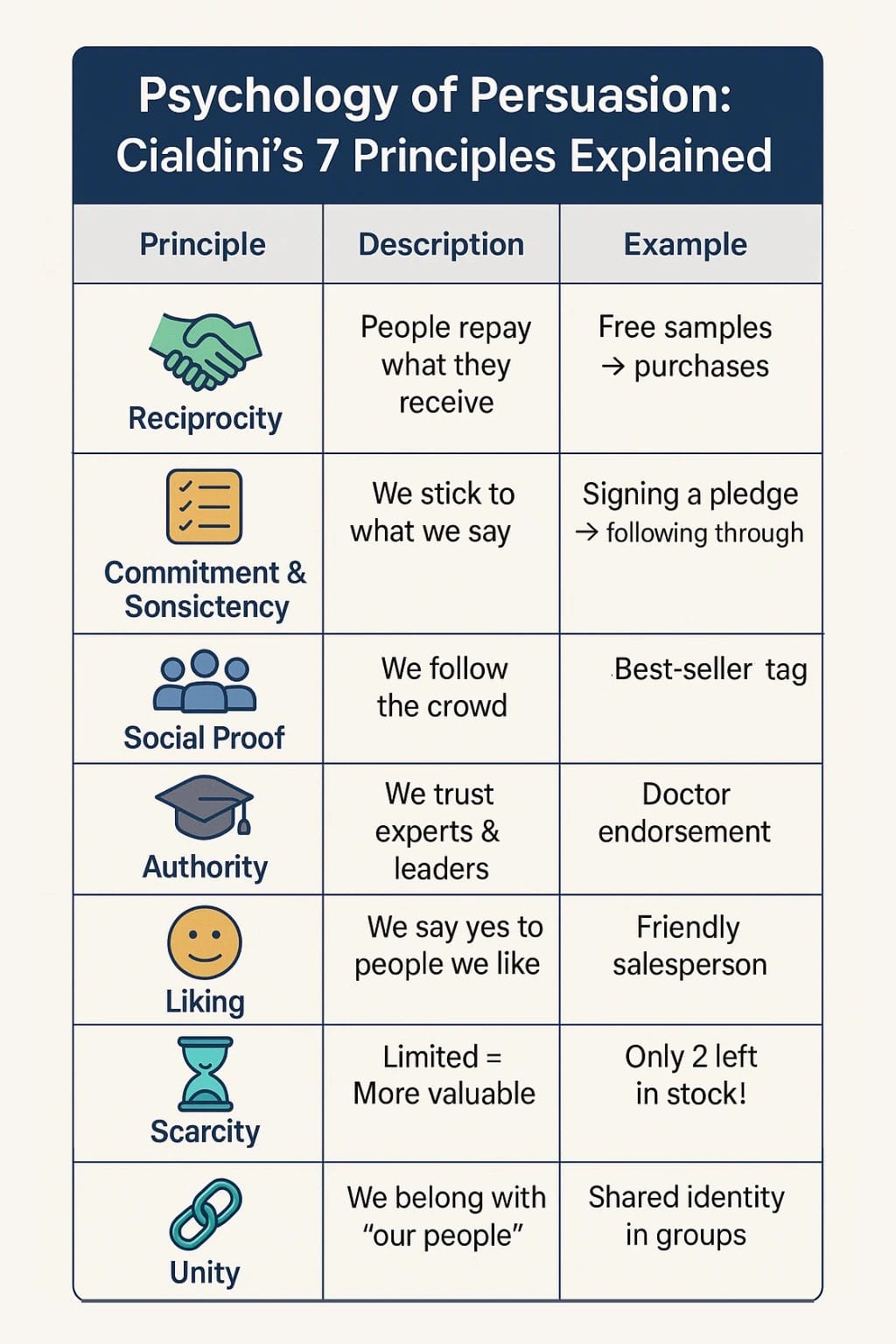 Cialdini’s 7 principles of persuasion explained with definitions and examples for effective influence.