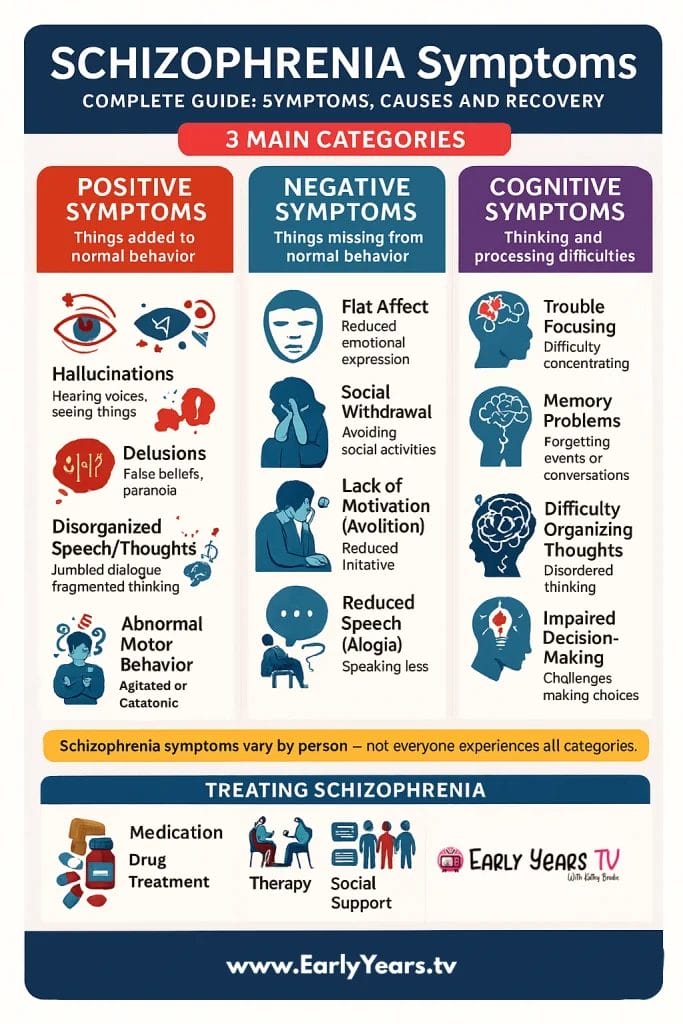 Schizophrenia symptoms guide covering positive, negative, and cognitive signs with treatment and recovery insights.