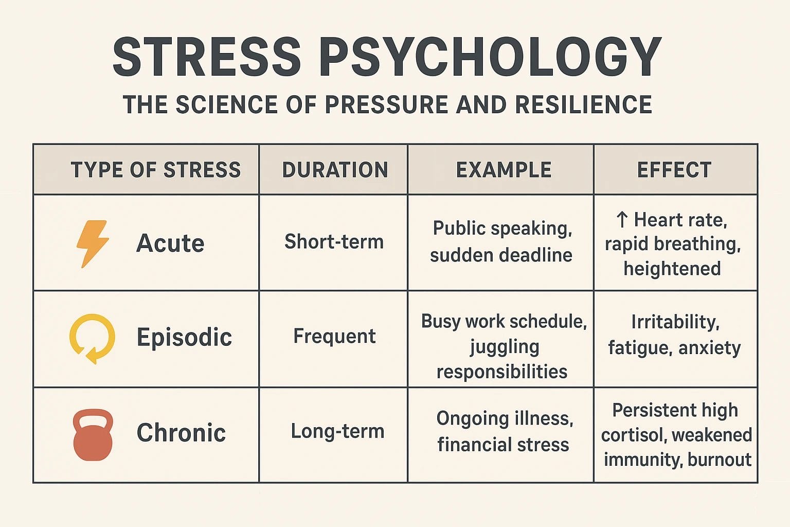 Stress psychology explained: types of stress and strategies for resilience under pressure.