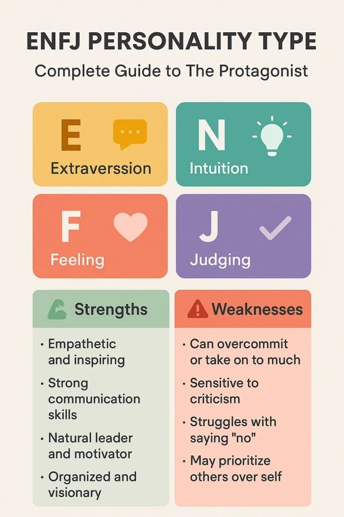 Complete guide to the ENFJ personality type, covering traits, strengths, and weaknesses