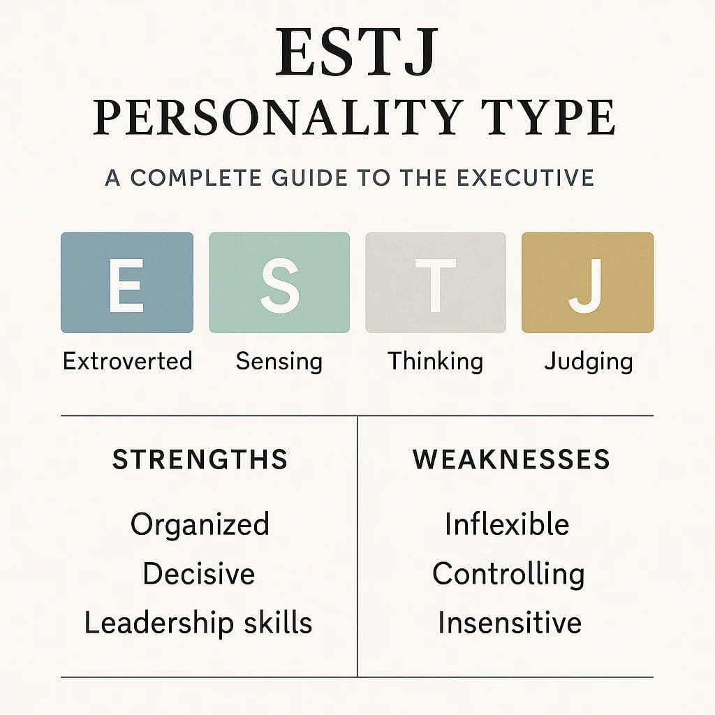 ESTJ personality type guide outlining traits, strengths, and weaknesses of the Executive.