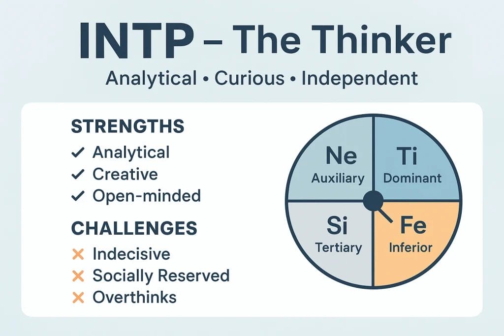Complete guide to the INTP Thinker personality type, exploring traits, strengths, weaknesses, and cognition.