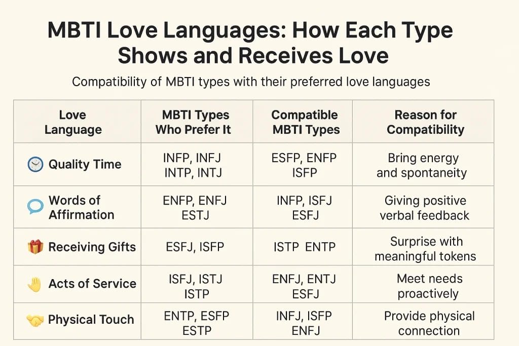How each MBTI personality type expresses and receives love through their preferred love languages