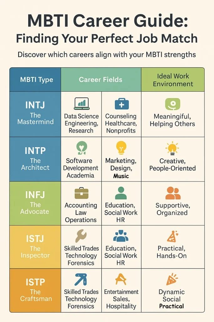 MBTI career guide showing ideal jobs and work environments for each personality type