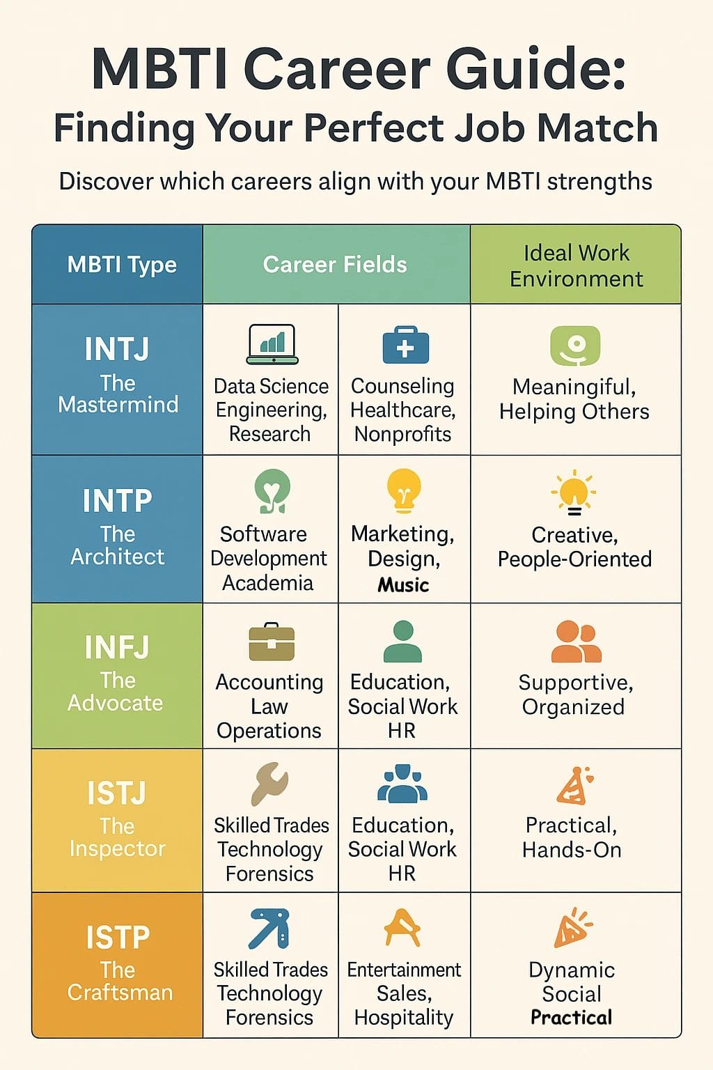 MBTI career guide showing ideal jobs and work environments for each personality type