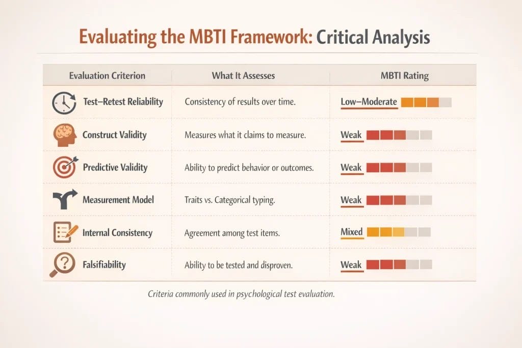 Critical evaluation of MBTI, highlighting reliability, validity, and scientific limitations.