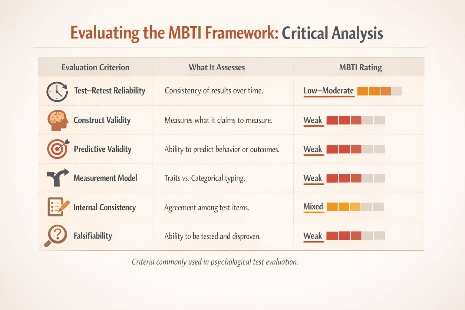 Critical evaluation of MBTI, highlighting reliability, validity, and scientific limitations.