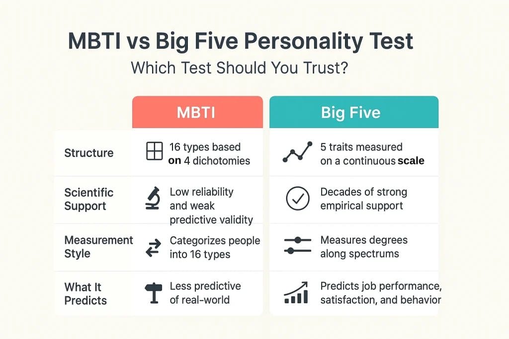 Comparison of MBTI and Big Five personality tests for understanding traits and behavior differences.